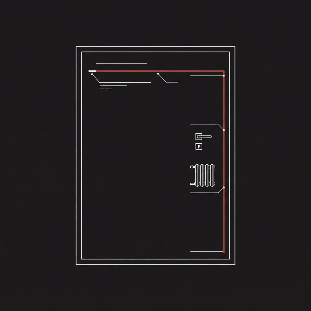 Illustration au trait d'une Fiche Réemploi annotée, avec un radiateur et une porte en silhouette